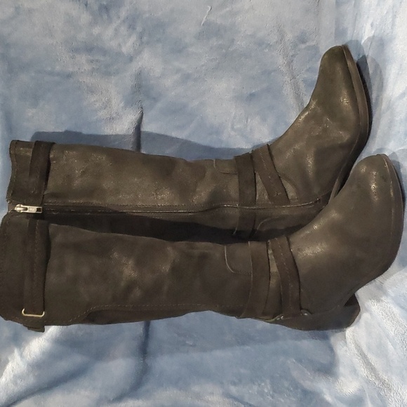 Ugg black leather side zip knee high adjustable calf heeled boots - Picture 1 of 13